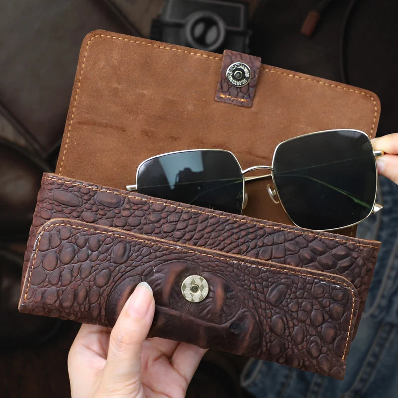 Genuine Leather Sunglasses Case – Handmade Crocodile Pattern Eyewear Holder
