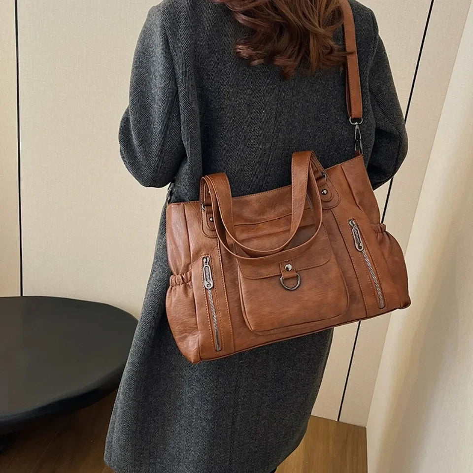 Large Capacity Leather Shoulder Bag with Zipper Pockets