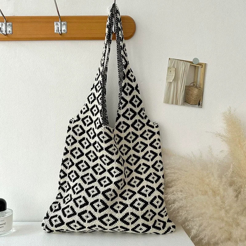 Knitted Tote Bag for Women – Boho Shoulder Bag with Phone Pouch