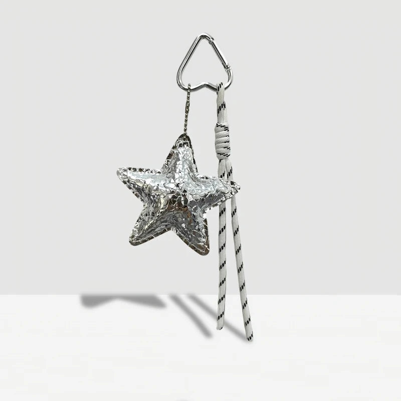 Leather Star Bag Charm Keychain with Braided Rope