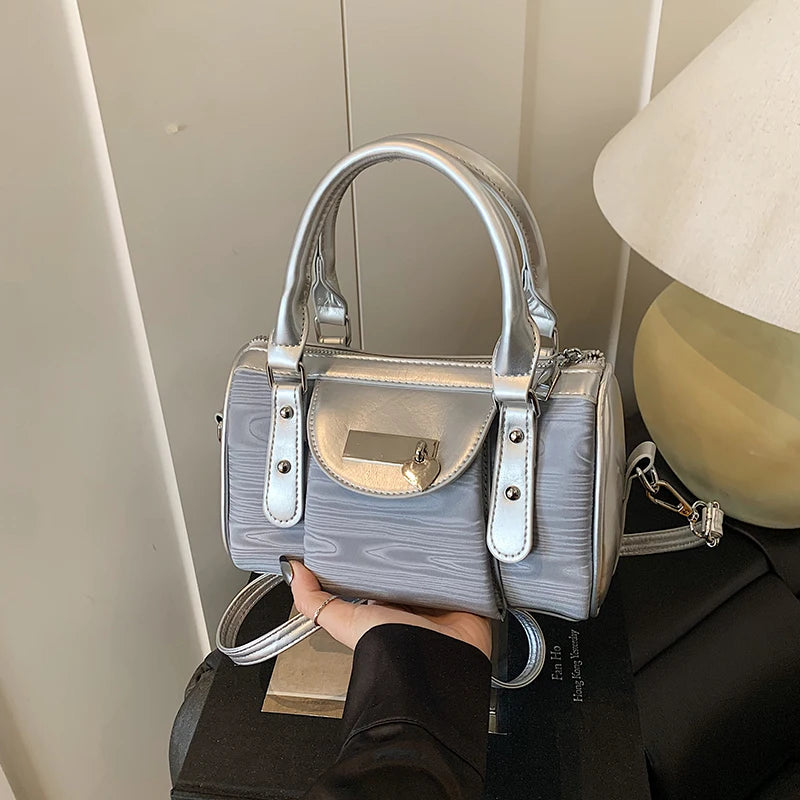 Moods Luxury Silver Trim Wave Texture Boston Bag Lady Mini Top Handle Handbag Detachable Strap