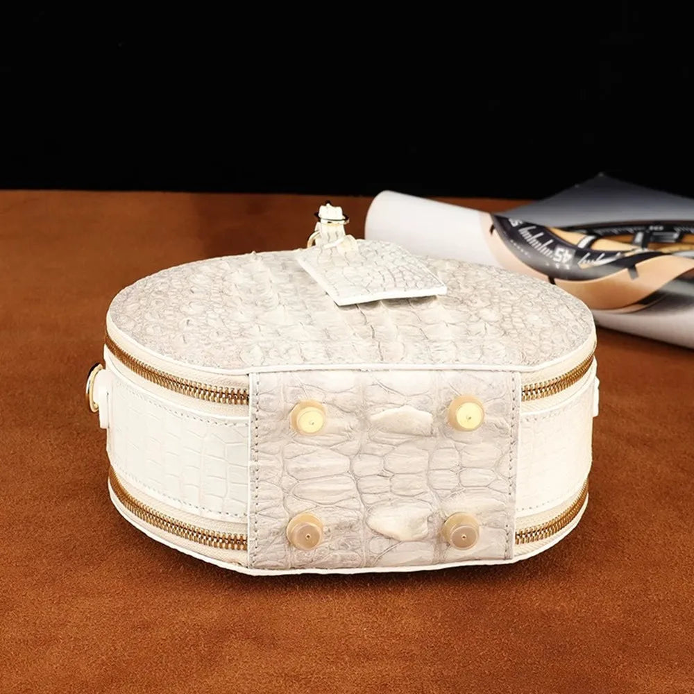 Crocodile Leather Round Bag – White Crossbody Handbag