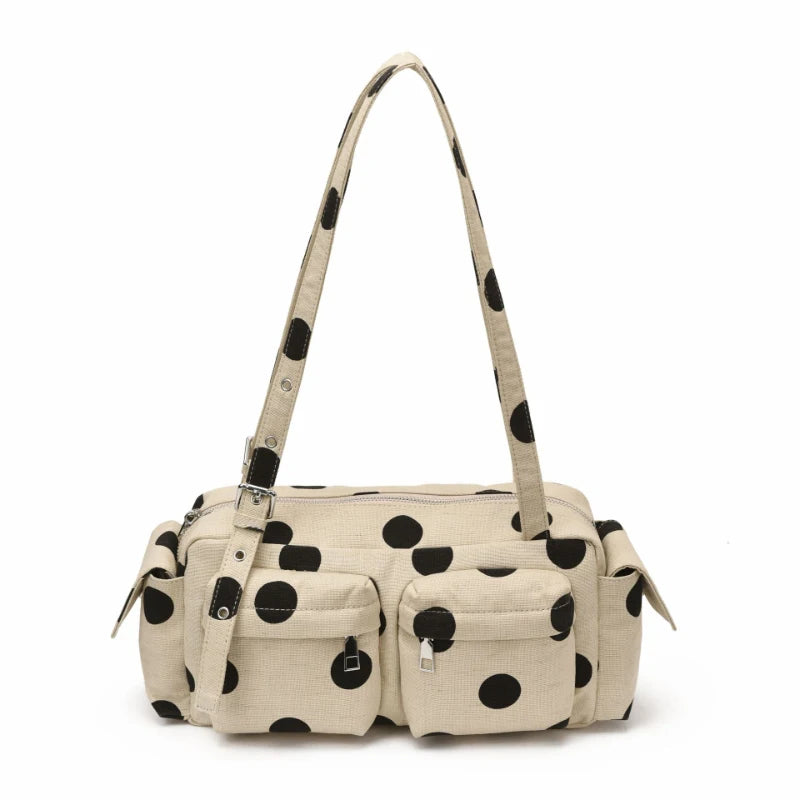 Polka Dot Canvas Shoulder Bag – Multi-Pocket Large Capacity Boston Handbag