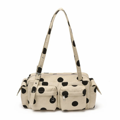 Polka Dot Canvas Shoulder Bag – Multi-Pocket Large Capacity Boston Handbag