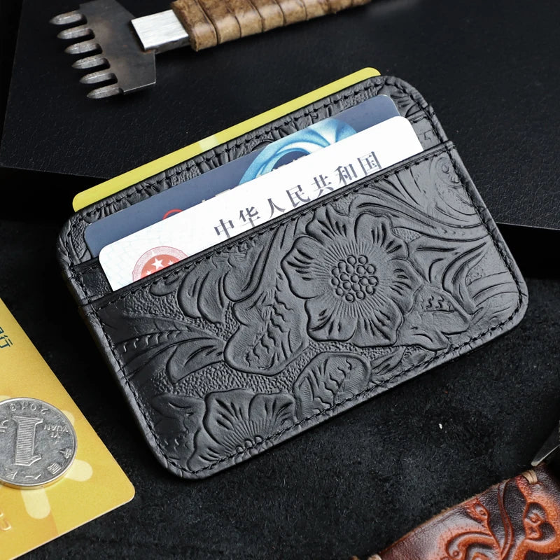 Genuine Leather Card Holder – Slim Floral Embossed Credit Card Wallet