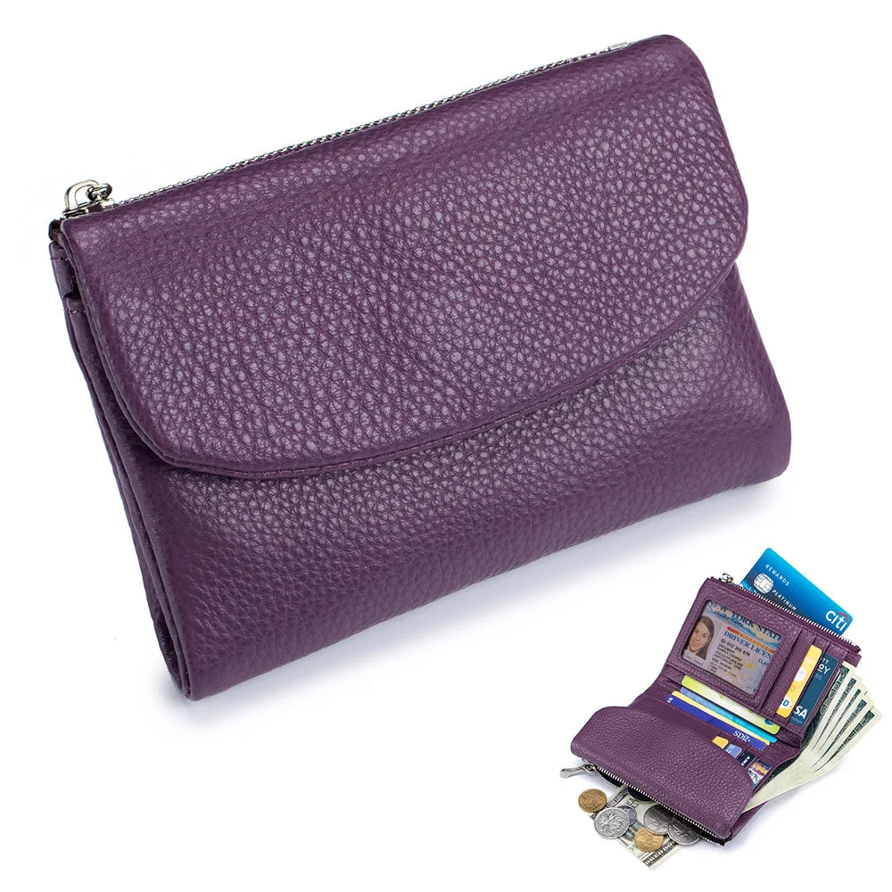 Women's Genuine Cowhide Leather Trifold Wallet with Zipper Coin Pocket