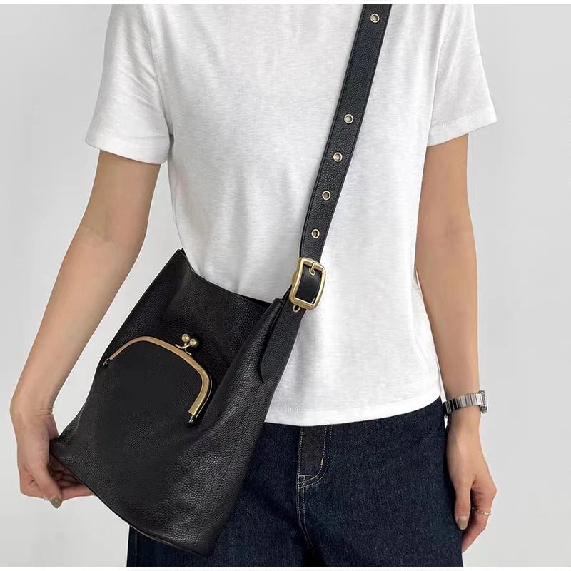 Bucket Shoulder Bag – Lychee Pattern Large Capacity Tote