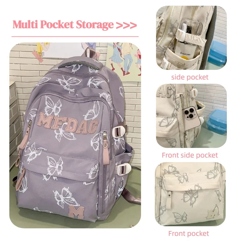 Butterfly Print Backpack – Large Capacity with Multiple Pockets