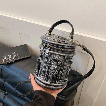 3D Baroque Embossed Bucket Bag – Retro Crossbody Handbag