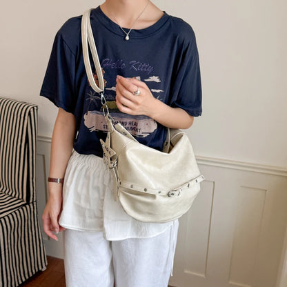 Moods Biker Style Shoulder Hobo Bags Women Soft Pu Leather Large Capacity Shopper Totes Rivets Decor