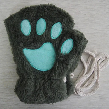 Winter Gloves Women Bear Plush Cat Paw Claw Cute Kitten Fingerless Mittens Christmas Halloween Girls