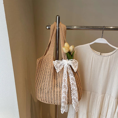 Lace Ribbon Woven Tote Bag – Bohemian Beach Shoulder Bag