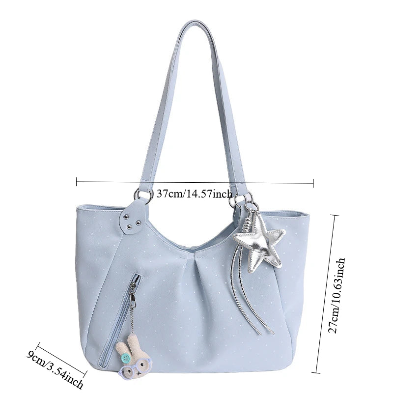 Polka Dot Tote Bag – Large Capacity Shoulder Bag with Zipper & Charm