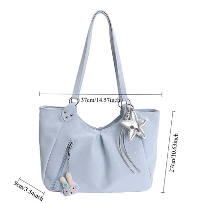 Polka Dot Tote Bag – Large Capacity Shoulder Bag with Zipper & Charm