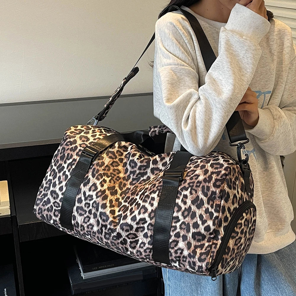 Leopard Print Women's Gym Travel Tote Bag with Shoe Compartment