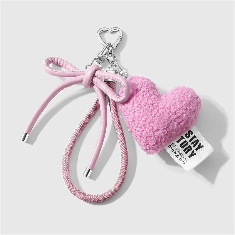 Plush Heart Keychain Bag Charm with Bow & Wrist Lanyard