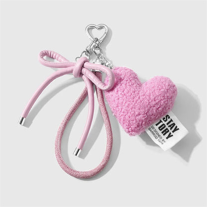 Plush Heart Keychain Bag Charm with Bow & Wrist Lanyard
