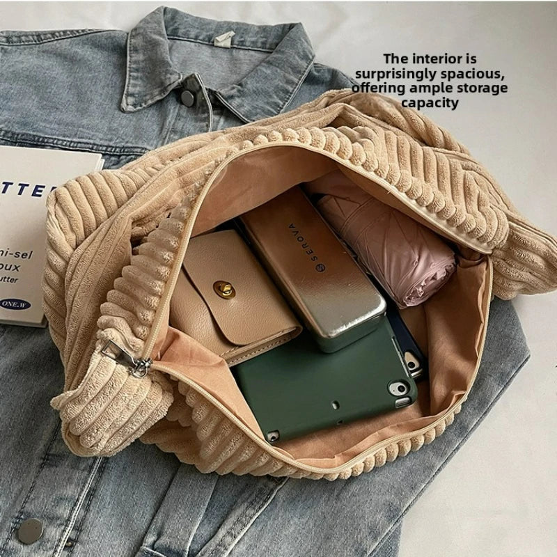 Commuter Friendly Crossbody Bags Women Large Capacity Corduroy Tote Bag Lightweight Textured Casual
