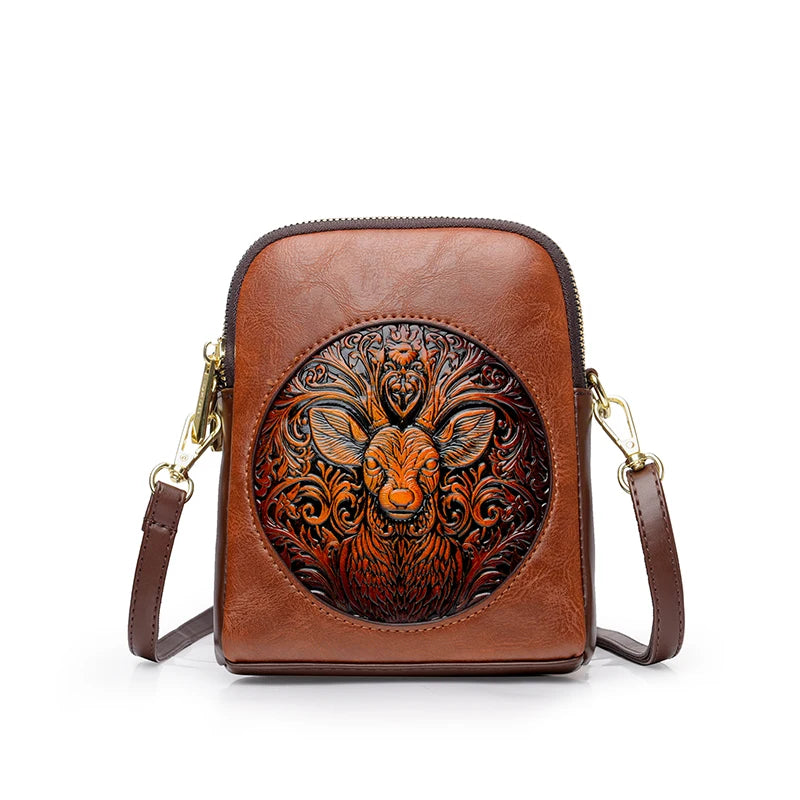 Vintage Deer Head Embossed Leather Crossbody Bag – Mini Multi-Pocket Purse