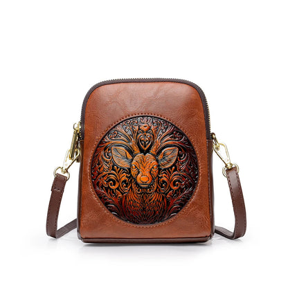 Vintage Deer Head Embossed Leather Crossbody Bag – Mini Multi-Pocket Purse