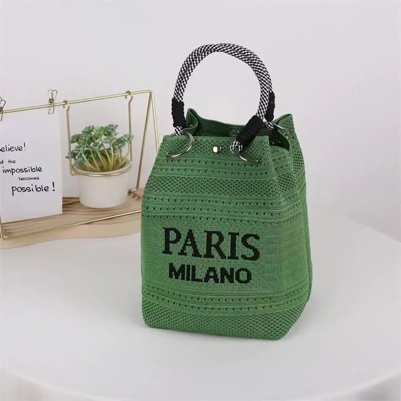 Knit Bucket Bag Women – Letter Print Woven Handbag Small Tote