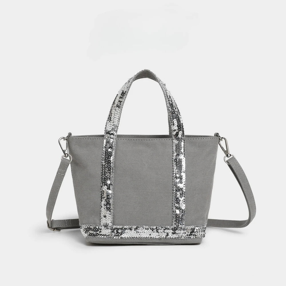 French Sequined Tote Bag Women Luxury Large Bucket Vintage Casual Woven Commuter Canvas Shopper