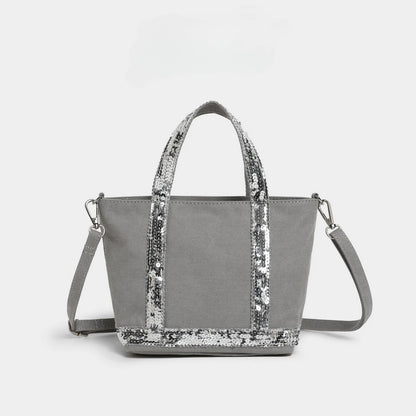 French Sequined Tote Bag Women Luxury Large Bucket Vintage Casual Woven Commuter Canvas Shopper