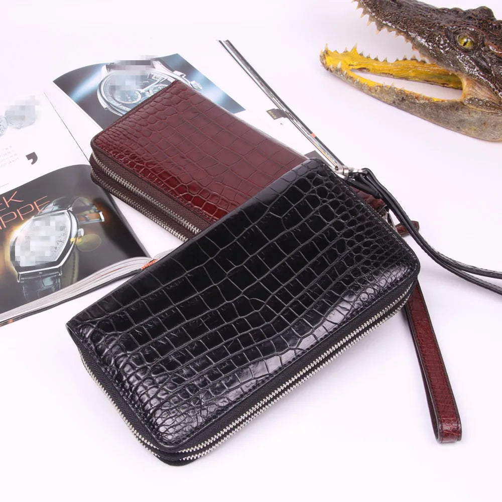 Crocodile Leather Wristlet Wallet – Unisex Long Zip Clutch with Card Slots