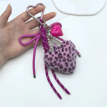 Leopard Heart Plush Keychain – Y2K Charm Bag Pendant for Women