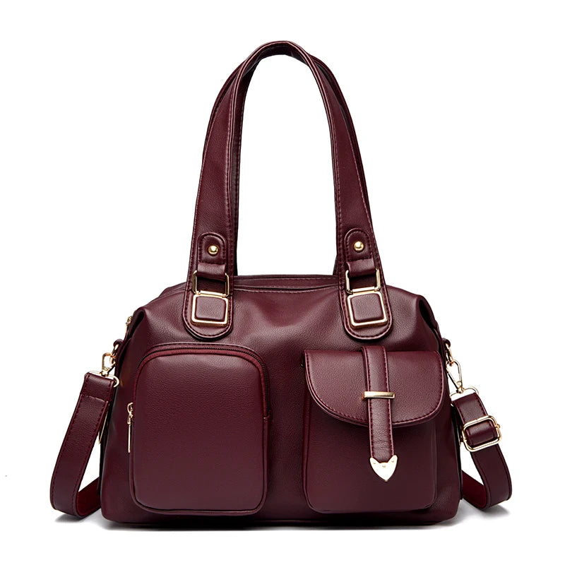 Leather Tote Handbag with Dual Front Pockets & Arrow Hardware