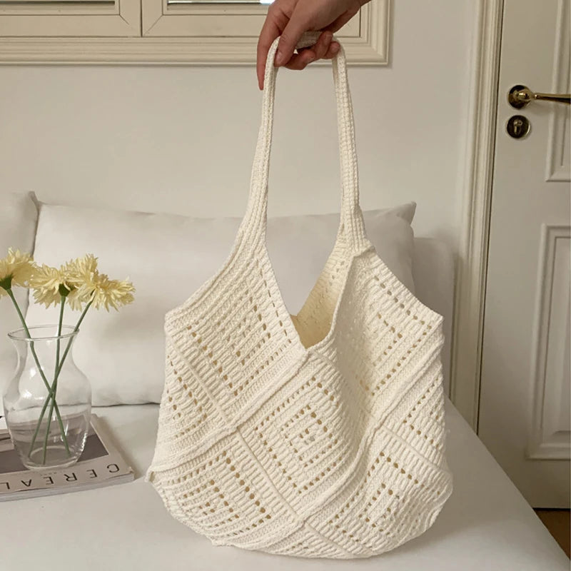Large Crochet Knit Tote Bag – Vintage Cotton Shoulder Shopper