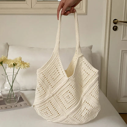 Large Crochet Knit Tote Bag – Vintage Cotton Shoulder Shopper