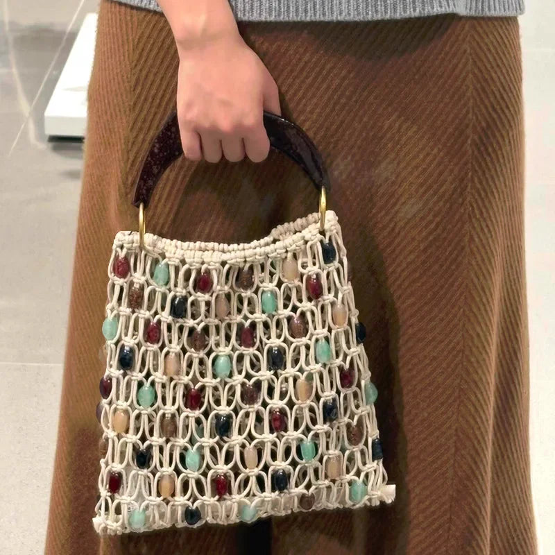 Bohemian Woven Handbag — Beaded Tote with Wooden Handle