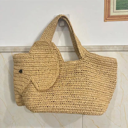 Elephant Woven Straw Tote Bag – Women's Handcrafted Summer Shoulder Bag
