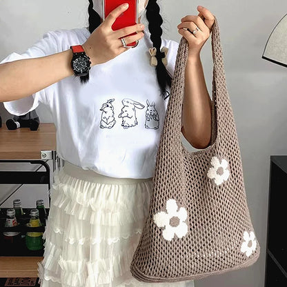 Flower Knit Hollow Tote Bag – Large Capacity Crochet Shoulder Bag for Women