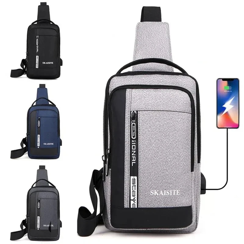 Men's Oxford Sling Chest Bag with USB Charging Port