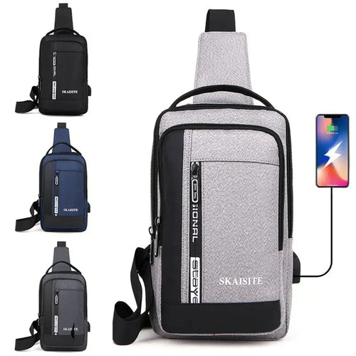 Men's Oxford Sling Chest Bag with USB Charging Port