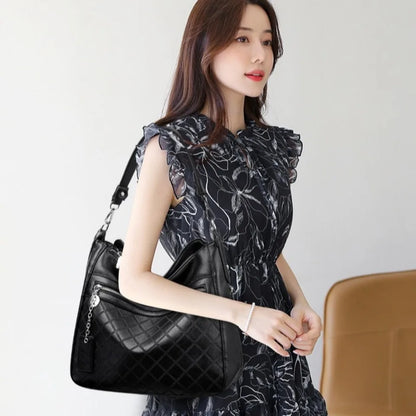 Large Leather Hobo Handbag with Quilted Detail & Shoulder Strap