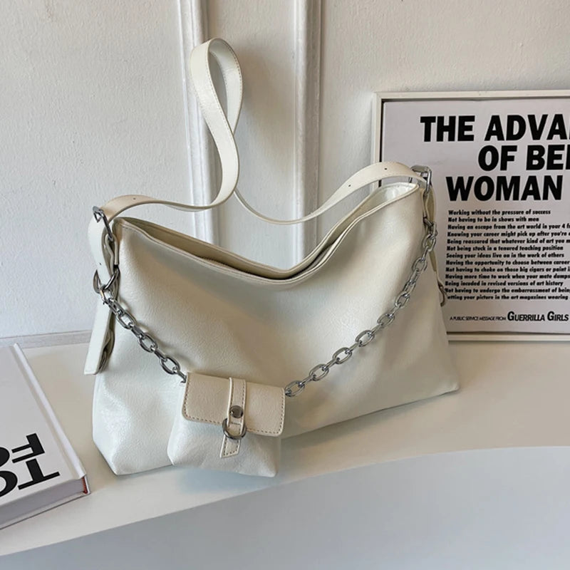 Large Shoulder Bag with Chain Strap – Women's PU Leather Hobo Tote