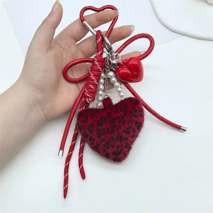 Leopard Heart Plush Keychain – Y2K Charm Bag Pendant for Women