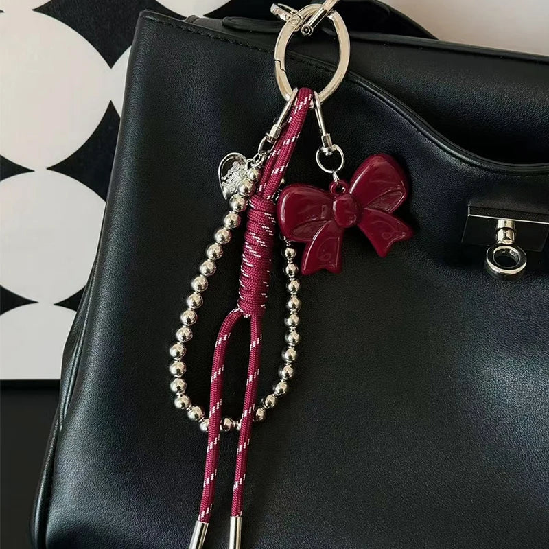 Bow Charm Keychain with Beaded Rope & Bag Pendant