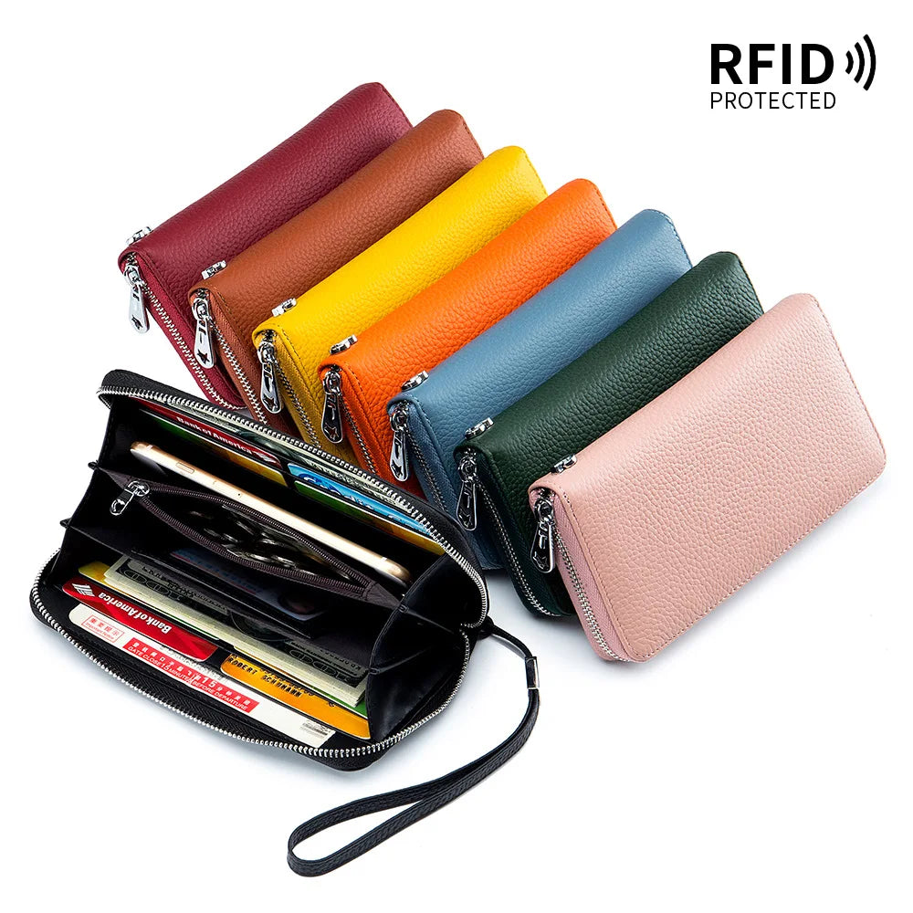 RFID Blocking Genuine Leather Long Wallet for Women