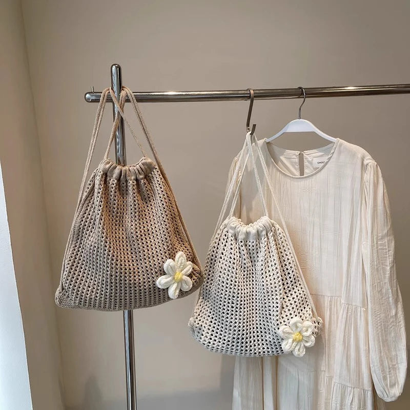 Crochet Drawstring Backpack for Women – Hollow Knit Flower Bag