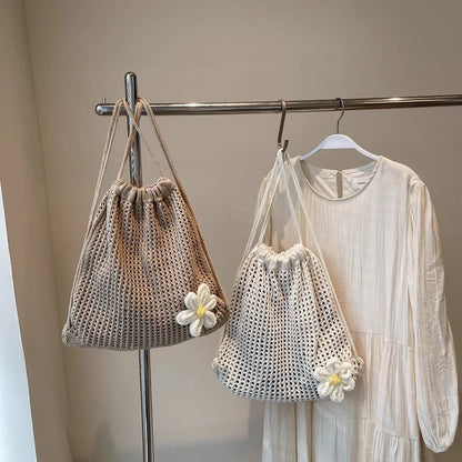 Crochet Drawstring Backpack for Women – Hollow Knit Flower Bag