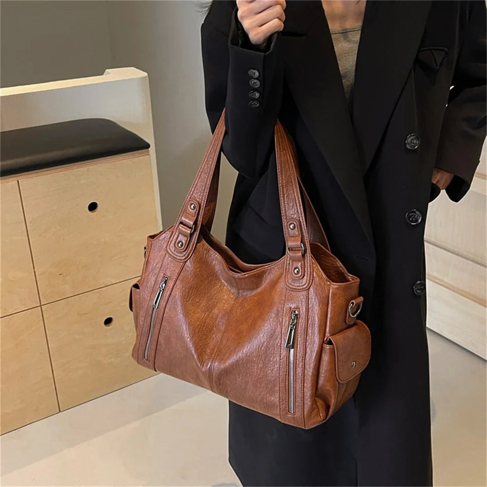 Women's Vintage Leather Tote Bag – Large Capacity Multi-Pocket Shoulder Bag
