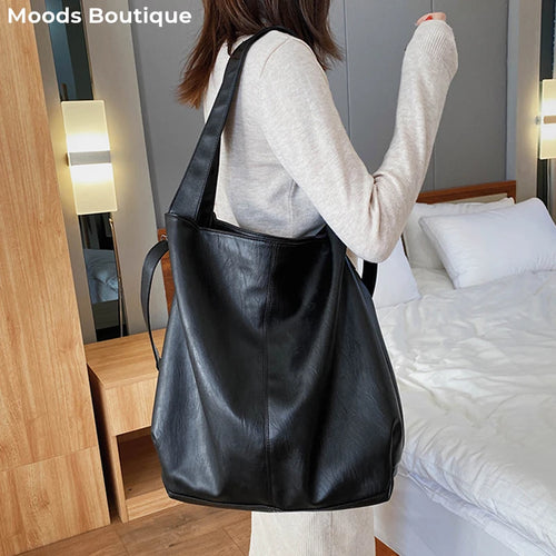 Moods Oversized Black Shoulder Bags Women Luxury Soft Leather Large Capacity Shopper Totes