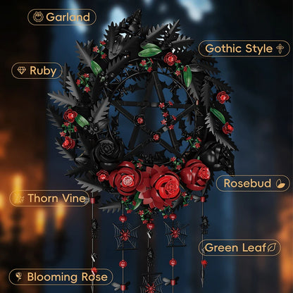 Gothic Black Rose Wreath MOC Building Blocks – 1300pcs Botanical Wall Decor