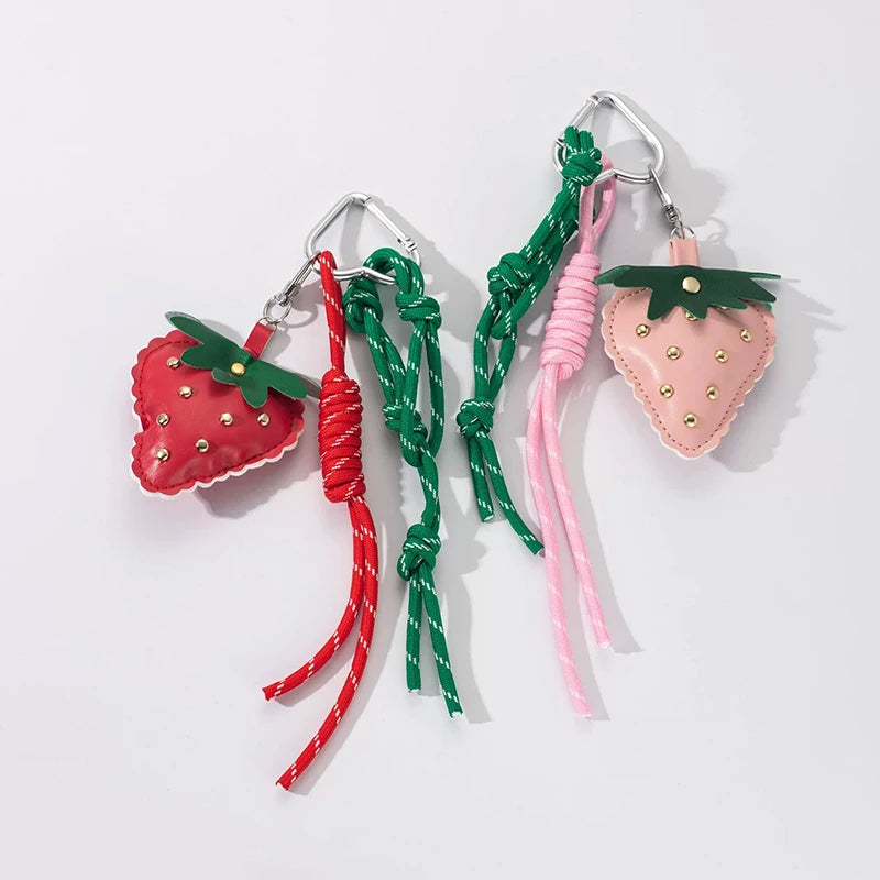 Strawberry Bag Charm Keychain – Leather Pendant & Rope Tassel