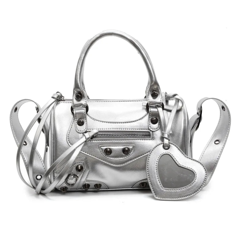 Mini Leather Cylinder Bag – Rivet Crossbody Handbag for Women