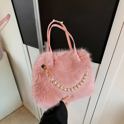 Faux Fur Shoulder Bag with Pearl Chain Handle